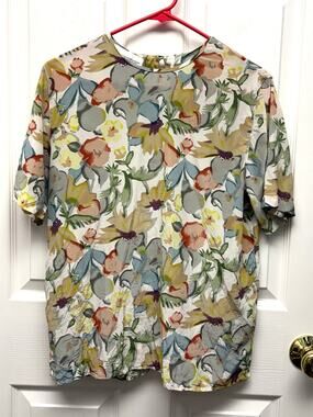 Christie & Jill Blouse Vintage Silk Floral Size Small Painterly Short Sleeve